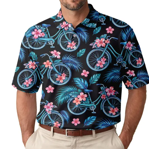 Bicycle And Tropical Flower Motifs For Golf, Cycling, Tennis, And Summer Leisure Men's Polo Shirt