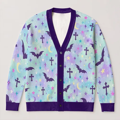 Pastel Bat And Star Motifs For Autumn Vacation Layering, Women’s Gothic Casual Style All-over Print Knitted Cardigan