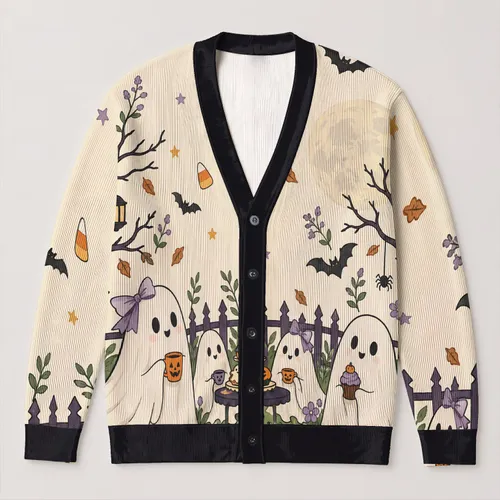 Cute Ghosts, Pumpkins and Haunted Garden for Cozy Halloween Nights and Fall Celebrations All-over Print Knitted Cardigan