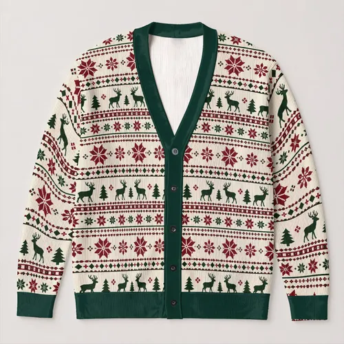 Reindeer Snowflakes and Evergreen Motifs for Christmas Celebrations and Holiday Gifting All-over Print Knitted Cardigan