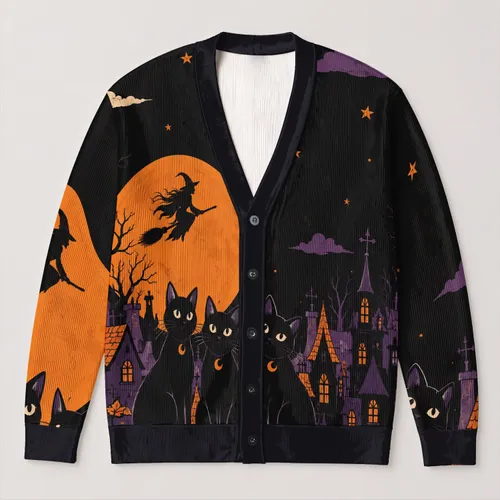 Black Cat and Witch Moon Halloween Scene for Spooky Autumn Nights and Parties All-over Print Knitted Cardigan