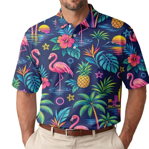 Neon Flamingo Tropical Golf Style for Summer Tennis and Pickleball, Women’s Resort Wear Men's Polo Shirt