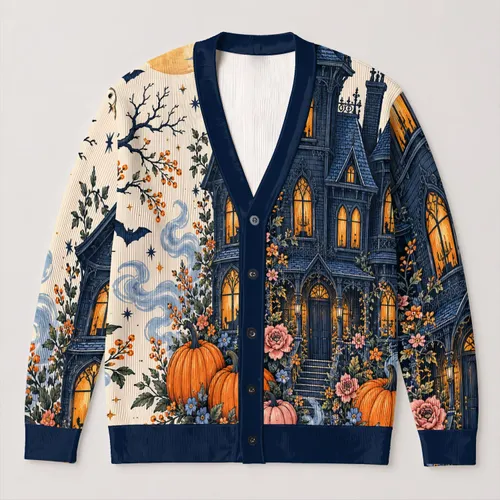 Gothic Haunted House and Pumpkin Scene for Spooky Halloween Celebrations All-over Print Knitted Cardigan