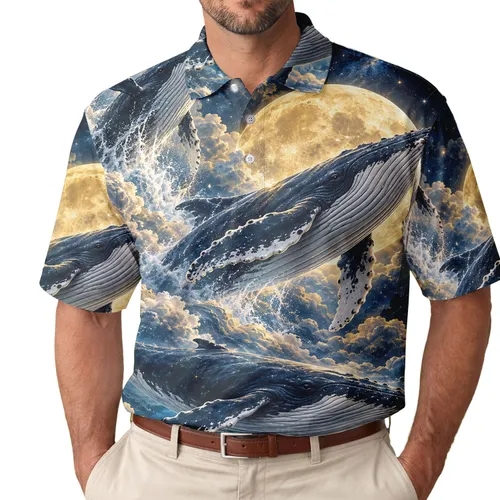 Celestial Humpback Whales Under a Golden Moon for Golf, Tennis, and Ocean-Loving Women Men's Polo Shirt