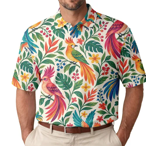 Colorful Folk Birds and Tropical Florals for Golf, Tennis, and Resort Days for Women Men's Polo Shirt