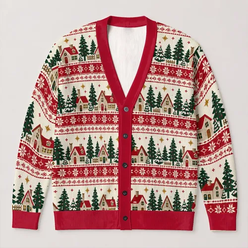 Christmas Village Houses and Pine Trees for Cozy Winter Holiday Gatherings at Home All-over Print Knitted Cardigan
