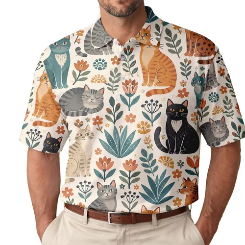 Playful Cat And Floral Golf Motifs For Sunny Tennis Days, Cat Lover Gift Ideas For Her Men's Polo Shirt