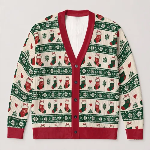 Christmas Stocking Snowflake Holiday Motifs for Festive Winter Celebrations and Gifting All-over Print Knitted Cardigan