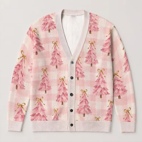 Pastel Pink Christmas Tree Bow Holiday Style For Women, Cozy Seasonal Outfit Wear All-over Print Knitted Cardigan