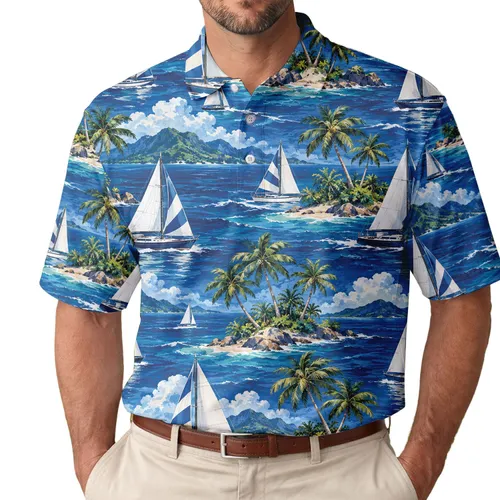 Blue Sailboat Ocean Palms for Coastal Golf and Resort Days, Women's Nautical Style Men's Polo Shirt
