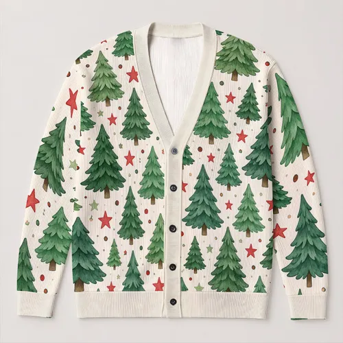 Watercolor Evergreen Trees And Red Stars For Festive Winter Holiday Gatherings For Women All-over Print Knitted Cardigan