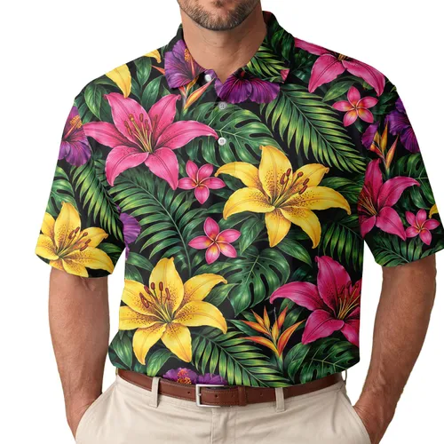 Tropical Lily Fern Floral Style for Golf Tennis Pickleball and Women’s Resort Wear Men's Polo Shirt