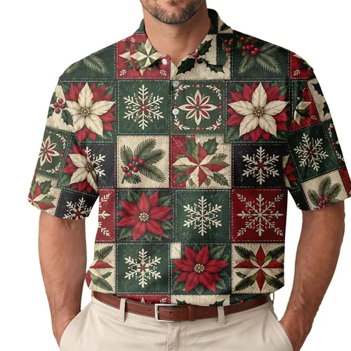 Poinsettia Snowflake Quilt Motifs for Festive Golf Outings and Winter Holidays Women Men's Polo Shirt