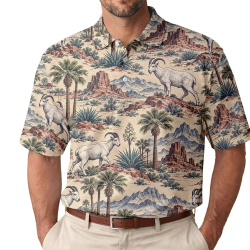 Desert Goat Golf Scene for Summer Country Club Days and Women's Farm Animal Gifts Men's Polo Shirt