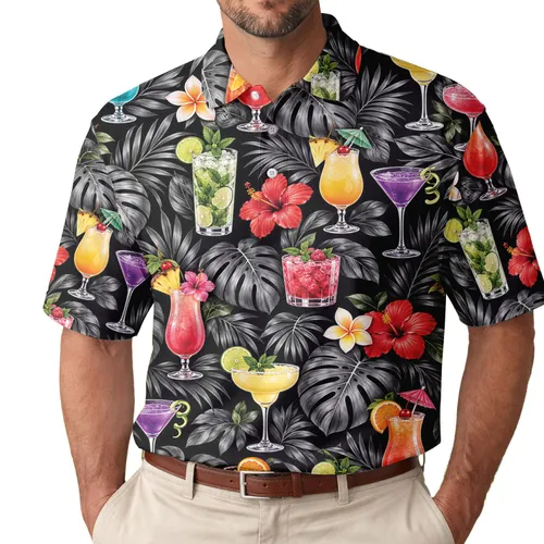 Black Monstera Leaves And Colorful Tropical Cocktails For Resort Golf Vacation Style Men's Polo Shirt