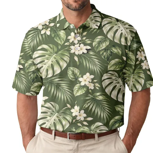 Green Monstera Leaf Tropical Garden Style for Resort Golf and Vacation Travel Escapes Men's Polo Shirt