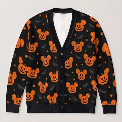 Mickey Pumpkin Halloween Magic for Theme Park Fans and Fall Family Outings Season All-over Print Knitted Cardigan