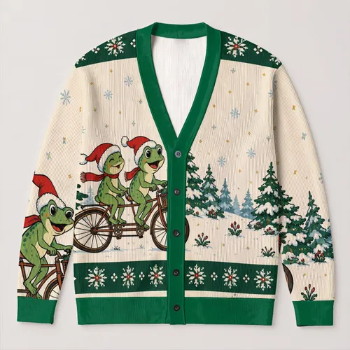 Frog Reindeer Christmas Scene for Festive Holiday Celebrations and Casual Winter Wear All-over Print Knitted Cardigan