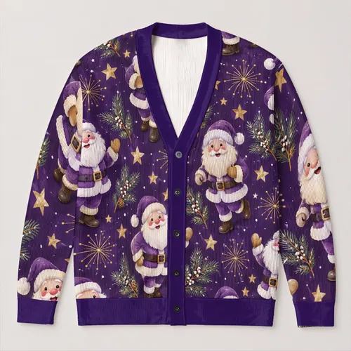 Santa Claus Purple Holiday Scene for Women Christmas Parties and Winter Gift Giving All-over Print Knitted Cardigan