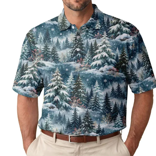 Teal Winter Pine Forest Scene for Festive Golf Days, Holiday Outings, Nature Lovers Men's Polo Shirt