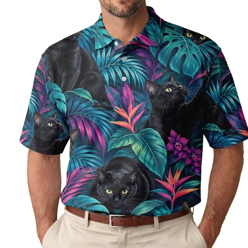 Black Cat Tropical Foliage For Resort Golf Days And Cat Lover Vacation Gift Ideas Men's Polo Shirt