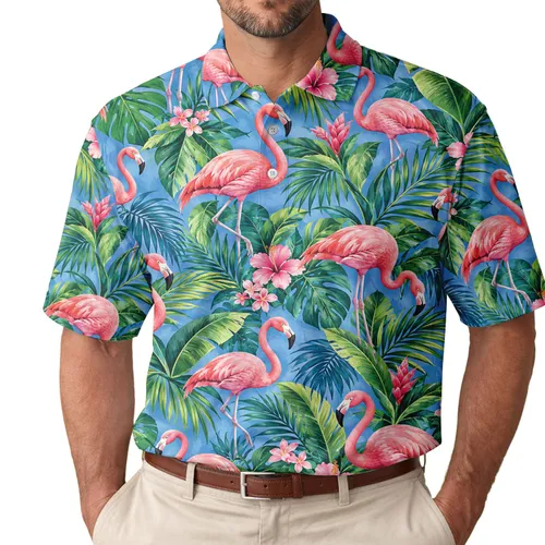 Pink Flamingo Tropical Garden Scene for Golf Days and Summer Travel, Women’s Style Men's Polo Shirt