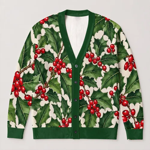 Holly Leaves and Red Berries for Cozy Winter Days and Cheerful Seasonal Style All-over Print Knitted Cardigan