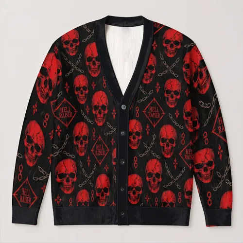 Red Engraved Skull And Chain Motifs For Gothic Streetwear And Halloween Night Out All-over Print Knitted Cardigan