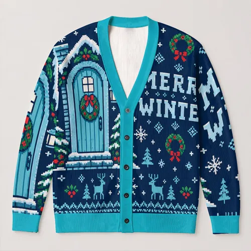 Pixel Christmas Door and Merry Winter Holiday Cheer for Festive Seasonal Gatherings All-over Print Knitted Cardigan