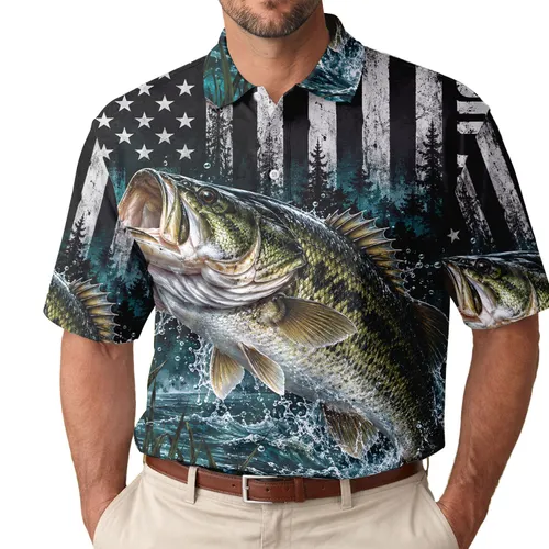 Bass Fishing Flag And Leaping Largemouth Scene For Angling Gifts, Dad, And Lake Days Men's Polo Shirt