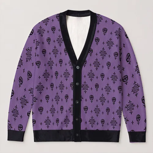 Purple Haunted Mansion Skulls and Cobwebs for Spooky Season and Halloween Party Fans All-over Print Knitted Cardigan