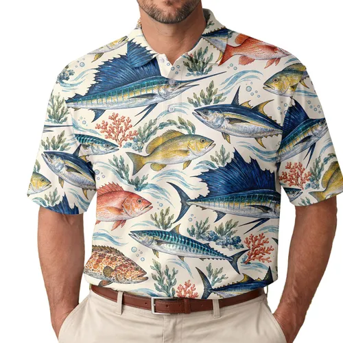 Colorful Saltwater Fish And Coastal Angler Style For Beach Days, Boating, And Golf Lovers Men's Polo Shirt