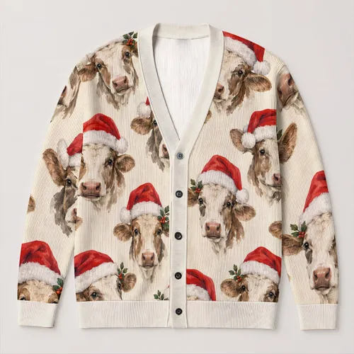 Cow Faces In Santa Hats For Festive Winter Gatherings And Cozy Farmhouse Style Lovers All-over Print Knitted Cardigan