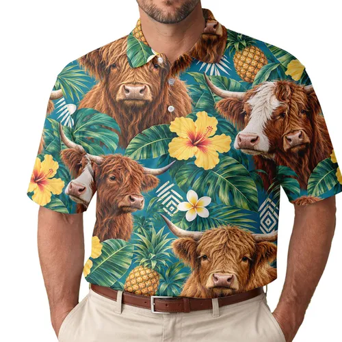 Highland Cow Tropical Golf Vibes for Summer Resort Wear Women, Farmers and Golfers Men's Polo Shirt
