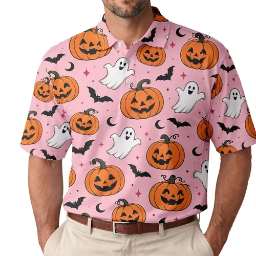 Pink Halloween Ghost Pumpkin Bats For Spooky Season Fall Party Gatherings Holiday Gift Men's Polo Shirt