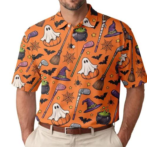 Funny Halloween Golf Witch Ghosts, Bats and Spiders for Spooky Party Style for Adults Men's Polo Shirt