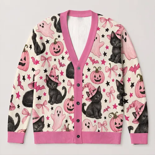 Pink Halloween Cats And Pumpkins For Cozy Autumn Layering Women's Everyday Style Looks All-over Print Knitted Cardigan