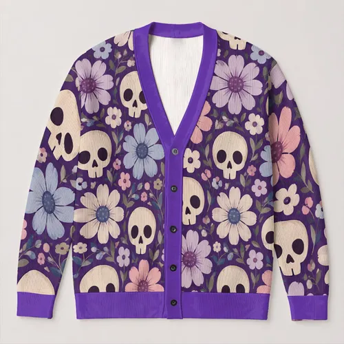Purple Skull Flower Boho Motif for Relaxed Autumn Layering and Everyday Women's Style All-over Print Knitted Cardigan