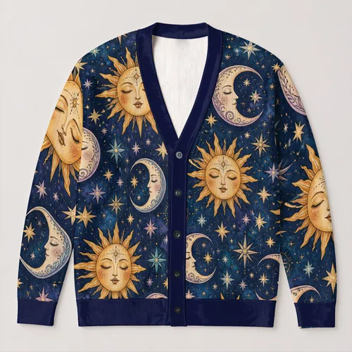 Celestial Sun Moon Stars for Cozy Holiday Evenings and Everyday Layering for Women All-over Print Knitted Cardigan