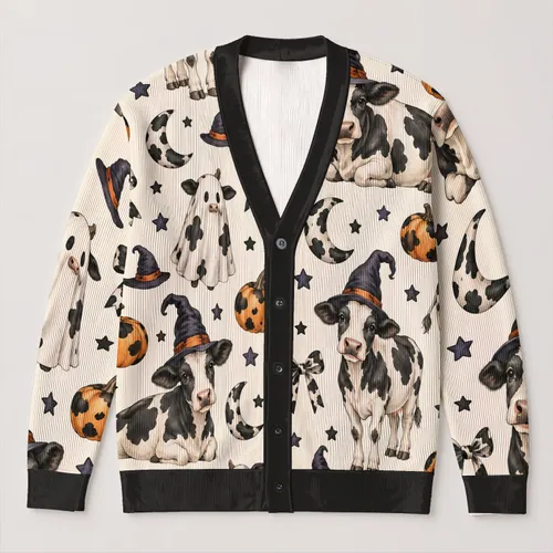 Halloween Cow Witch Motifs for Cozy Autumn Layering Gift for Farmhouse Animal Lovers and Teens All-over Print Knitted Cardigan