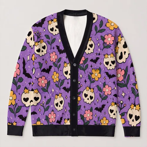 Cute Skull Bats And Flower Motifs For Playful Autumn Layering, Women's Gothic Style All-over Print Knitted Cardigan
