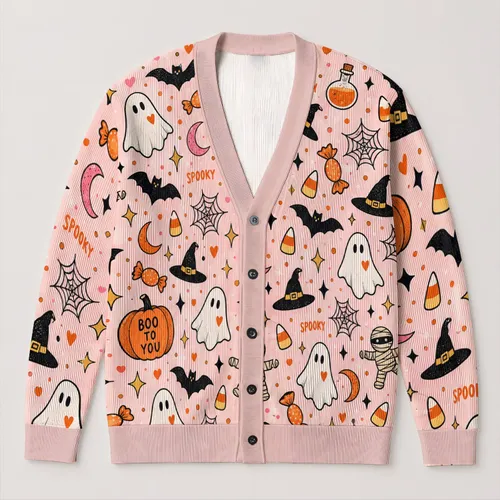 Cute Halloween Ghosts And Pumpkins For Spooky Autumn Layering Women’s Seasonal Style All-over Print Knitted Cardigan