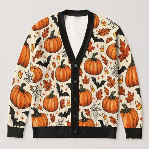 Pumpkin Bat Halloween Motifs for Cozy Autumn Layering, Women's Seasonal Style All-over Print Knitted Cardigan
