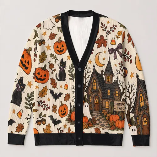 Cute Halloween Ghosts, Pumpkins and Haunted House for Cozy Trick-or-Treat Nights All-over Print Knitted Cardigan