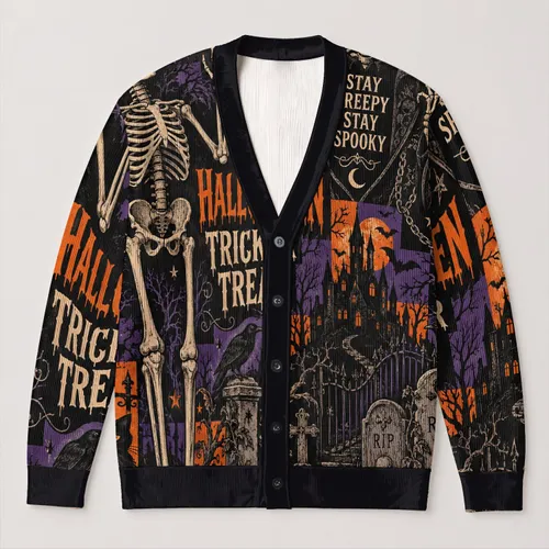 Halloween Skeletons and Spooky Graveyard for Trick-or-Treat Night Celebrations All-over Print Knitted Cardigan