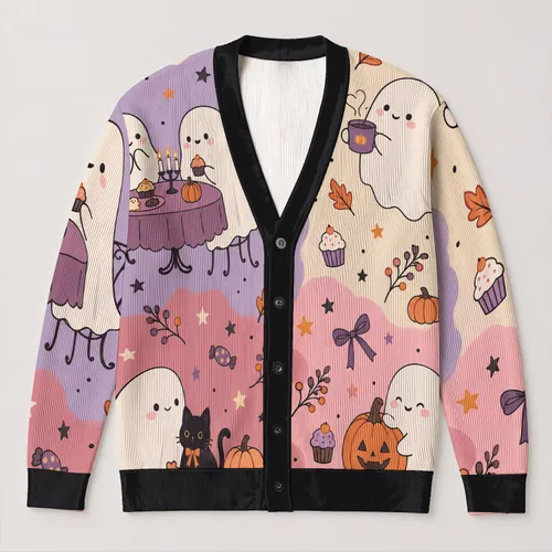 Cute Ghosts, Pumpkins and Spiderwebs for Cozy Halloween Fall Outfits and Gatherings All-over Print Knitted Cardigan
