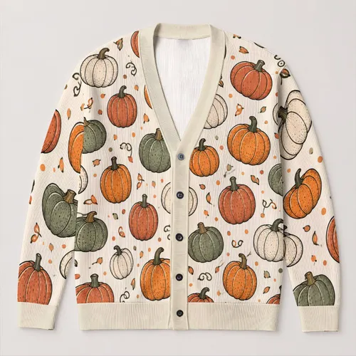 Colorful Pumpkin Harvest Motifs for Cozy Halloween Layering, Women and Fall Lovers All-over Print Knitted Cardigan