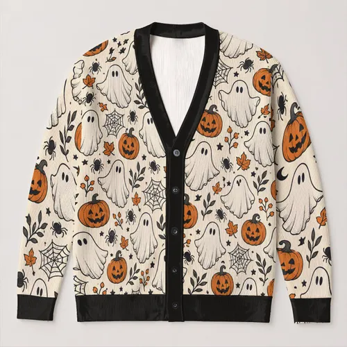 Ghost Pumpkin Halloween Autumn Layering Gift For Women And Cozy Seasonal Weekend Style All-over Print Knitted Cardigan