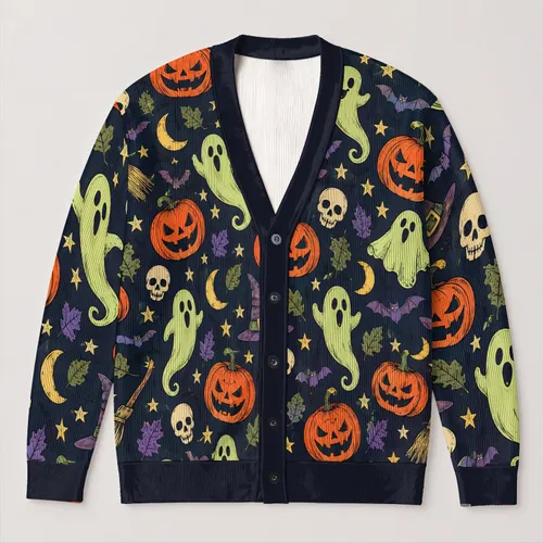 Spooky Ghost Pumpkin Skulls for Autumn Halloween Layering, Women's Seasonal Style All-over Print Knitted Cardigan