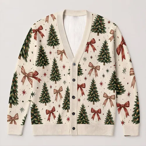 Christmas Trees and Rust Bows for Cozy Holiday Gatherings and Winter Celebrations All-over Print Knitted Cardigan